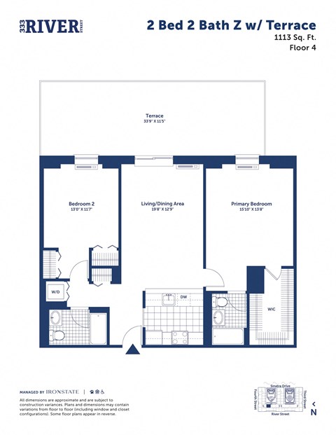 Floor plan for 2 beds, 2 baths, 1113 sqft